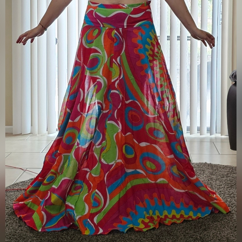 Pucci Colorful Printed Flared Cotton Maxi Skirt Size 8 Made in Italy